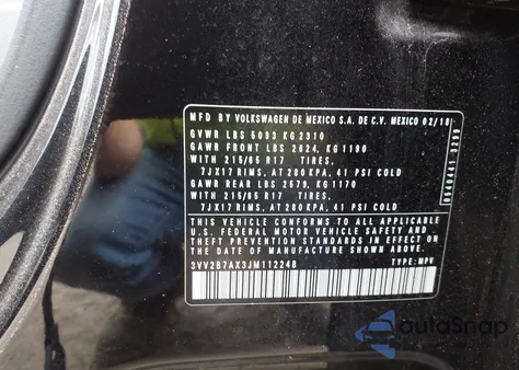 2018 Volkswagen Tiguan 2.0T Se/2.0T Sel из США, поврежденный, VIN 3VV2B7AX3JM112248